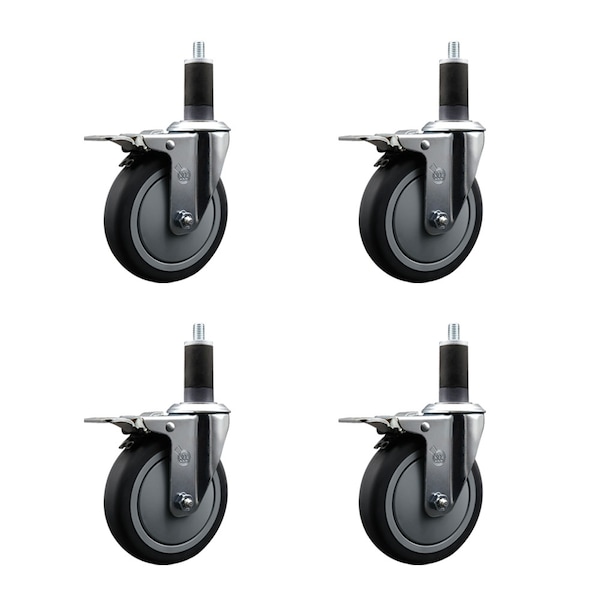 5'' SS Thermoplastic Rubber Swivel 1-1/4'' Expanding Stem Caster Set Total Lock Brake, 4PK
